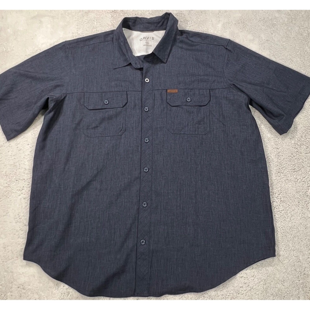 Orvis Shirt Mens XXL 2XL Blue Solid Short Sleeve Button Front Casual Pockets